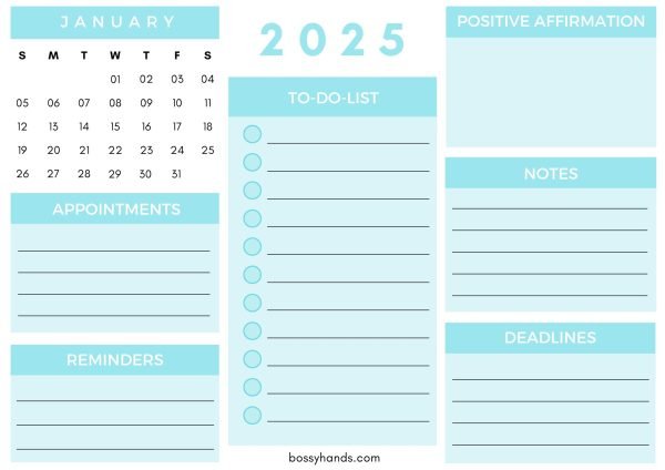 2025 Monthly Calendar Planner January - White