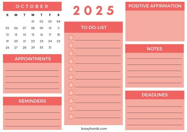 2025 Monthly Calendar Planner October - White