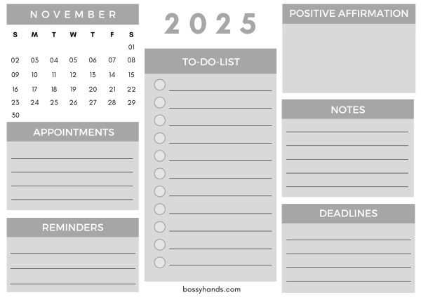 2025 Monthly Calendar Planner November - White