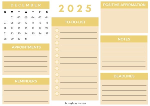 2025 Monthly Calendar Planner December - White