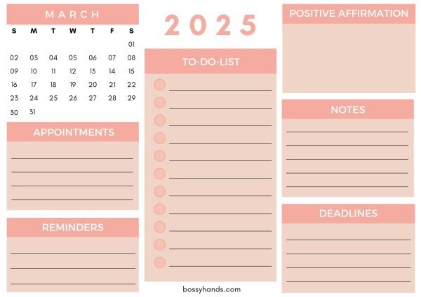 2025 Monthly Calendar Planner March - White