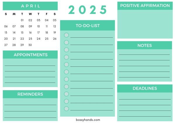 2025 Monthly Calendar Planner April - White