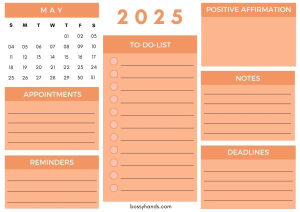 2025 Monthly Calendar Planner May - White
