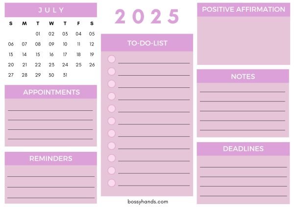 Monthly Calendar Planner July - White