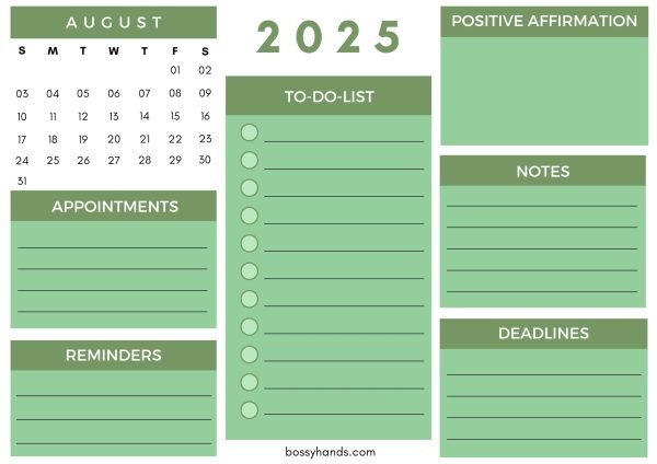 Monthly Calendar Planner August - White