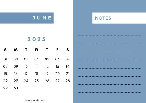 2025 Calendar with Notes June - White