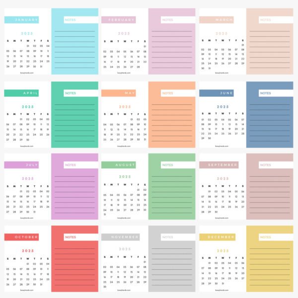 2025 12-Month Calendar with Notes