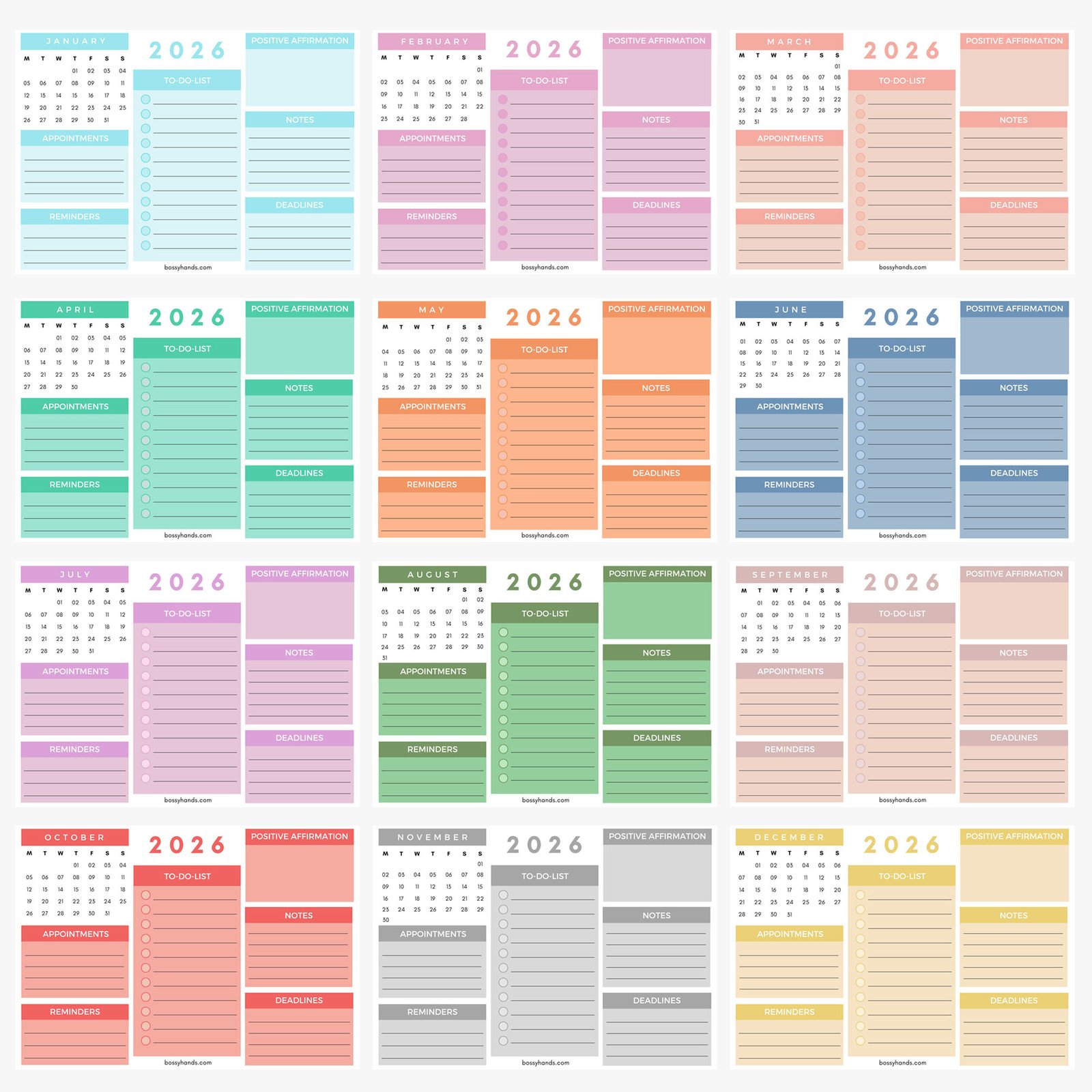 2026 12-Month Calendar Planner